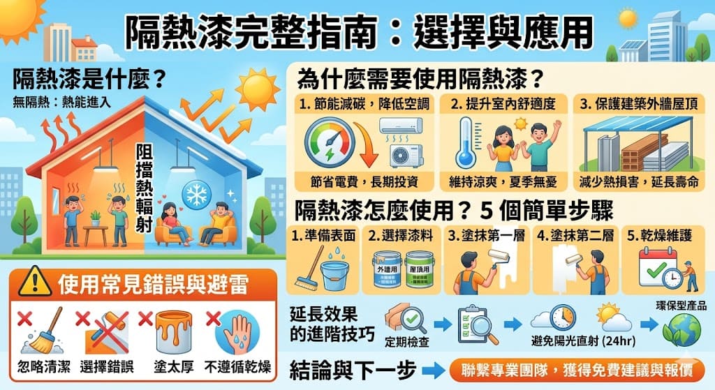 隔熱漆是一種能有效阻擋太陽熱輻射的塗料，常應用於建築外牆、屋頂等表面，能大幅降低室內溫度，提升居住舒適度。隔熱漆的使用不僅能節省能源，減少空調負擔，還能延長建材的使用壽命。選擇合適的隔熱漆對於提高建築物的節能效果和美觀性都至關重要。本篇文章將深入介紹隔熱漆的種類、應用範圍以及選購與施工的技巧，幫助您在日常生活中更有效地使用隔熱漆。